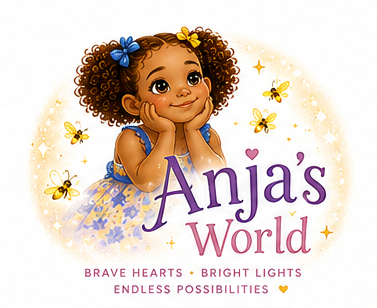 Anja's world logo with Anja surrounded by fireflies